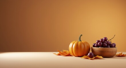 Autumn harvest: pumpkin and grapes on rustic table with warm orange background