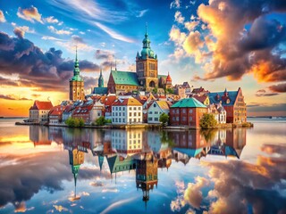 Fototapeta premium Surreal Panorama of Stralsund, Germany: Dreamlike Coastal Cityscape