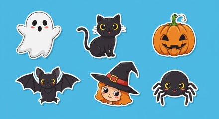 Cute halloween stickers with ghost, pumpkin, black cat, and witch on blue background
