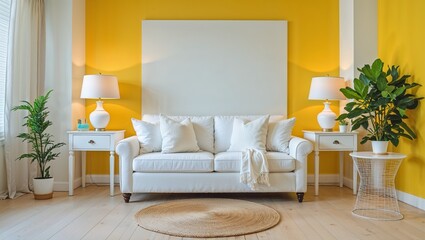 Fototapeta premium Sunny Yellow Living Room: White Sofa and Natural Accents