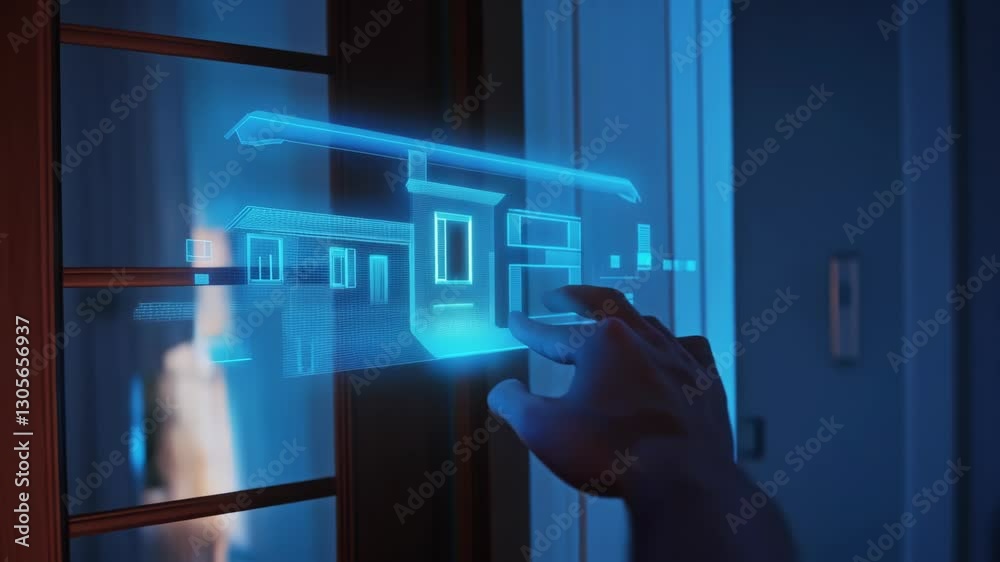 Poster architect using an interactive holographic interface reviews a 3d model of a house, navigating throu