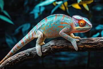 Obraz premium On a branch, a chameleon sticks out with its skin in a dazzling display of colors, from radiant blues to fierce oranges