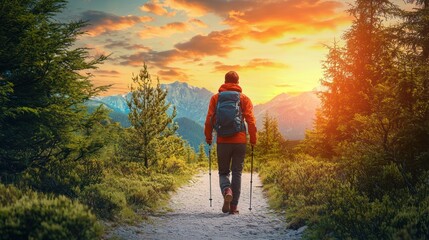 Hiker with backpack trekking on mountain trail at sunset.