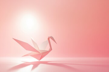 An origami crane appears in pink light with its shadow