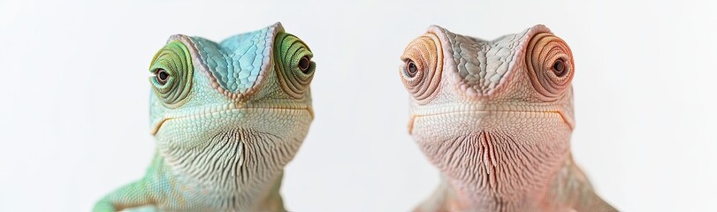 Fototapeta premium On a blank white canvas, the chameleon - Chamaeleo calyptratus - is portrayed with faces of joy and anger