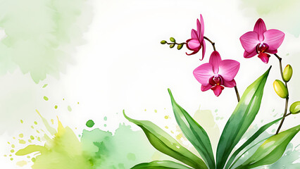 Pink orchid flowers with green leaves on watercolor painted background