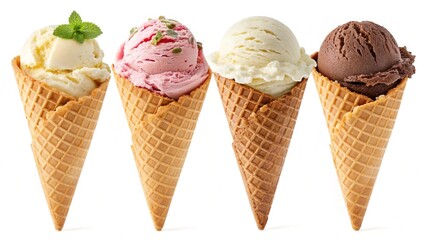 different sorts of ice cream scoop set on white or transparent png,ice cream with fruits,Different ice cream balls in waffle,Delicious strawberry ice cream with fresh berries and fruit