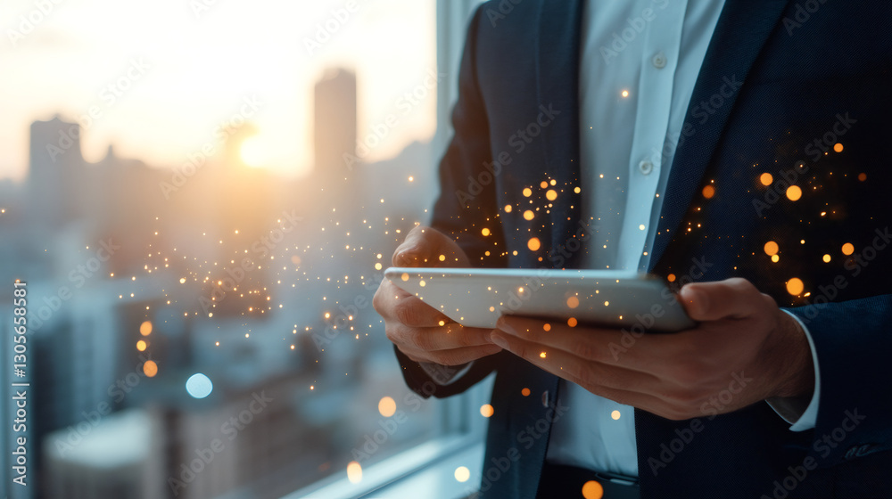Poster businessman using digital tablet with glowing lights effect in front of window with cityscape at sun