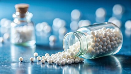 Tiny Homeopathic Pellets Spilled from Glass Bottle on Light Blue Background - Alternative Medicine Concept