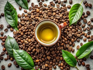 Fototapeta premium Top View Close-Up: Green Tea, Coffee Beans & Tea Cup on Dark Background