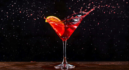 Red Cocktail Splash with Orange Slice in Glass