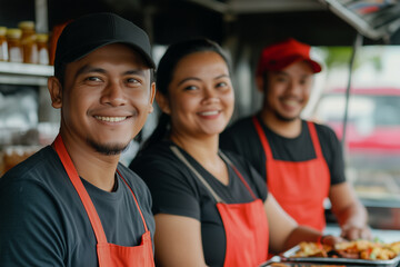 Photograph of a group of street food stall workers.