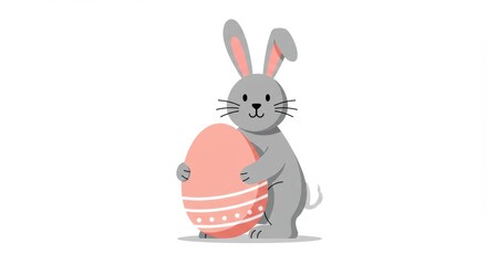 Cute easter bunny holding a pink egg with decorative patterns on white background