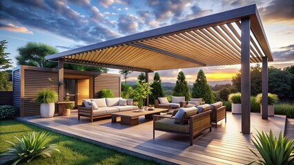 Fototapeta premium Trendy Patio Shade Structures: Panoramic View of Stylish Roof, Awning & Pergola Designs