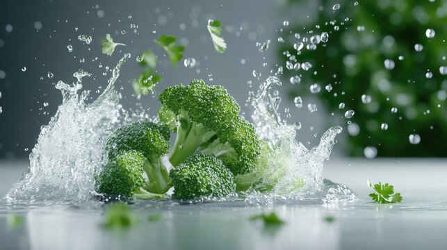 Vibrant broccoli heads emerge from water, droplets cascading off their surfaces. The freshness of the greens is accentuated by the soft, natural lighting