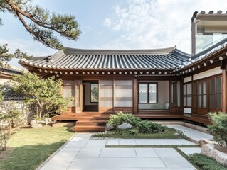 Fototapeta premium Traditional style wooden house with beautiful landscaping and surrounding greenery