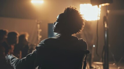Professional film director sitting on director's chair, guiding actors during a rehearsal on a movie set, providing instructions and feedback to improve performance