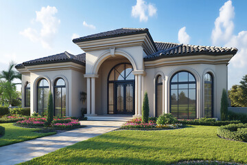 Obraz premium ultra-realistic photo of an elegant suburban home with a perfectly manicur