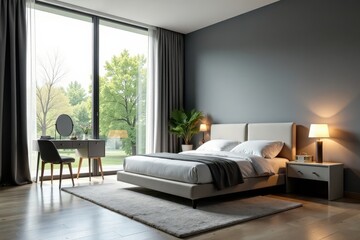 Fototapeta premium Spacious gray bedroom, large window, dressing table with mirror, panoramic, relaxing, cosmetic