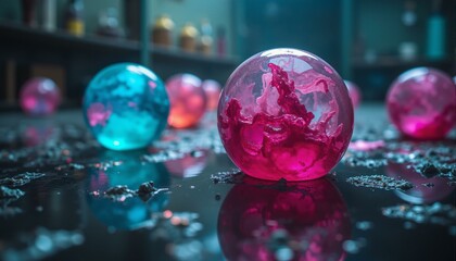 Abandoned alchemical laboratory with swirling orbs of colorful liquid on a tar-slicked floor, fragmented rainbows.