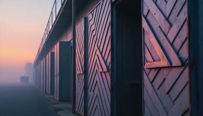Abandoned laboratory, aged metal walls, 3D patterns, interlocking triangles, chevrons, silver, lavender, misty dawn, industrial setting