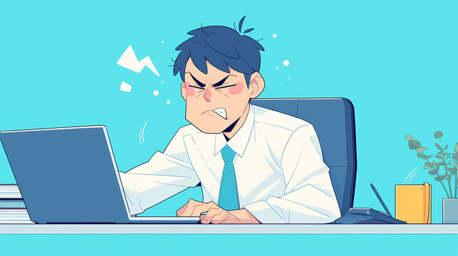 Frustrated office worker struggling with computer issues in a bright, modern workspace