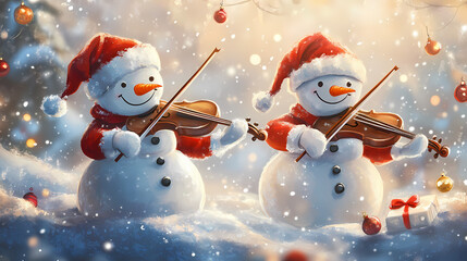 Two smiling snowmen don santa hats and play violins in a magical winter wonderland, surrounded by softly falling snow and twinkling holiday decorations. Whimsy - Carnival. Illustration