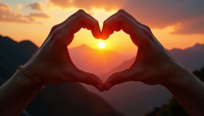 Golden sunset view framed by hands, majestic mountain peaks , element, peaks