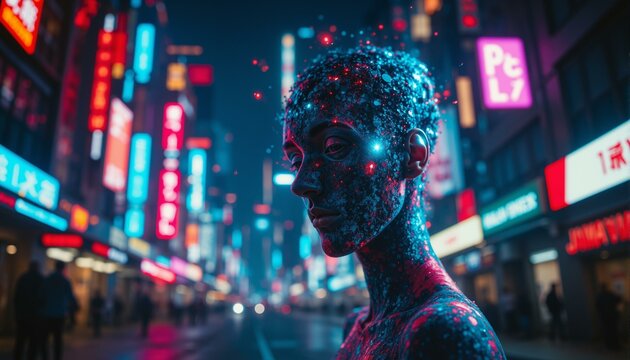 A futuristic cityscape with glitch art faces, neon lights, holographic ads, and fractal patterns.