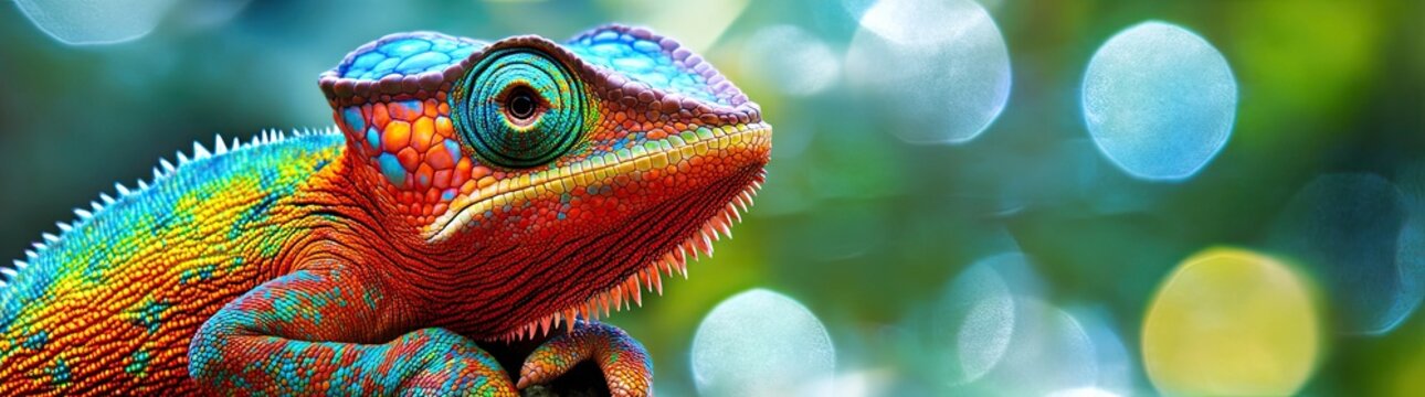 In a sea of flashing neon lights, a chameleon changes its hue, representing adaptability and change