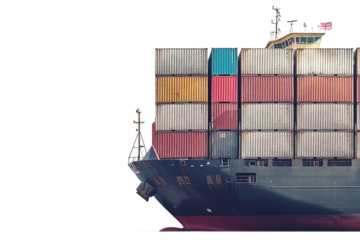 Container ship with multiple layers of stacked cargo isolated on transparent background