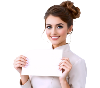 Beautiful female employee with brown curly hair tied in a bun in a light elegant uniform holding a blank minimalist sign ideal for adding text. Isolated