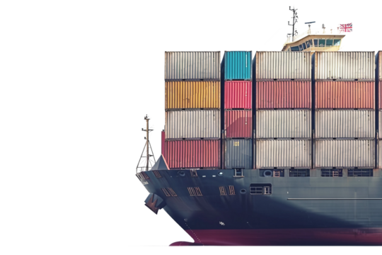 Container ship with multiple layers of stacked cargo isolated on transparent background