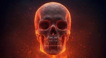 Glowing fiery skull on dark background with sparks and embers