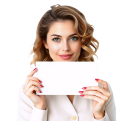 Beautiful female employee with brown curly hair in light elegant uniform holding blank minimalistic signboard perfect for adding text. Isolated