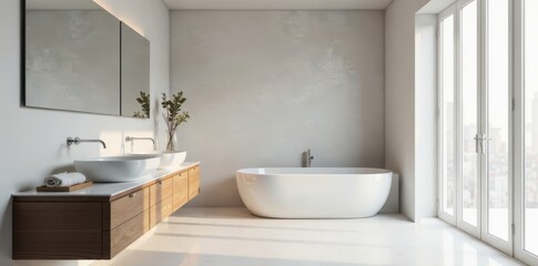 Fototapeta premium Sleek minimalist bathroom with floating vanity, chrome fixtures, accessories, water, floating vanity
