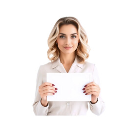 Naklejka premium Beautiful female employee with light curly hair in light elegant uniform holding blank minimalistic sign perfect for adding text. Isolated