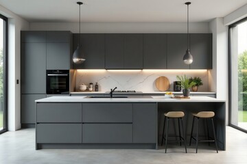 Sleek gray kitchen, quartz countertops, modern design, chic, texture