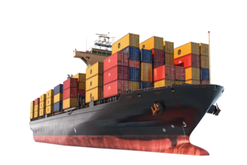 Extensive cargo vessel with container stacks visible isolated on transparent background