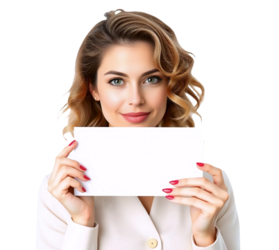 Beautiful female employee with brown curly hair in light elegant uniform holding blank minimalistic signboard perfect for adding text. Isolated