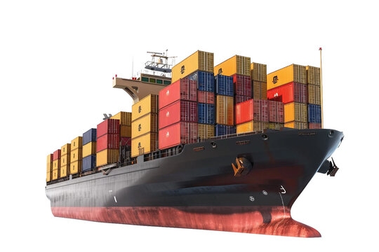 Extensive cargo vessel with container stacks visible isolated on transparent background