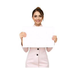 Beautiful female employee with brown  hair tied in a bun in a light elegant uniform holding a blank minimalist sign ideal for adding text. Isolated