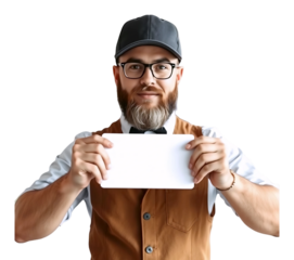 A man with a beard, in a cap, in a white shirt and an apron holds in his hands a blank sign for inscriptions. isolated. for promotions