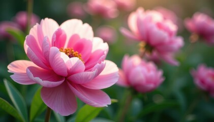 Obraz premium Soft pink peony blossoms, lush petals, blurred background, summer flower, light pink