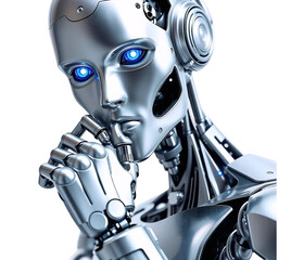  A highly detailed humanoid robot with metallic silver skin gazes directly into the camera lens with a contemplative expression as it assumes the classic thinker pose, its right hand cradling its chin