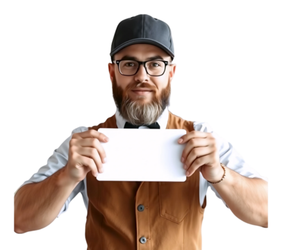 A man with a beard, in a cap, in a white shirt and an apron holds in his hands a blank sign for inscriptions. isolated. for promotions