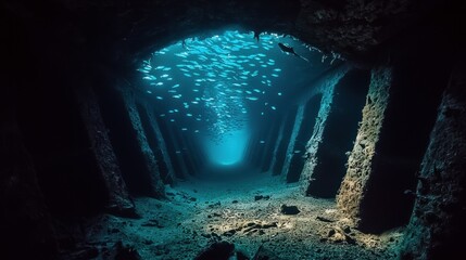 Sunlit underwater shipwreck with fish.