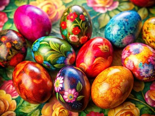 Fototapeta premium Vibrant Easter Eggs Macro Brushstrokes Vintage Floral Background