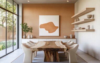 Refined minimalist dining room, handcrafted live edge wooden table, sculptural travertine dining chairs, textured terracotta accent wall with warm cove