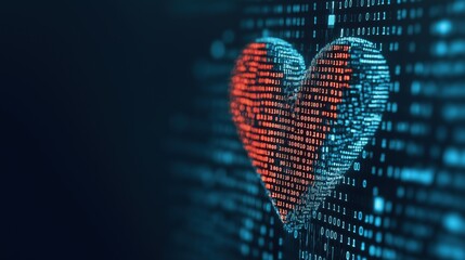 Digital heart shape formed by binary code with a futuristic glow, symbolizing love in technology and data-driven relationships